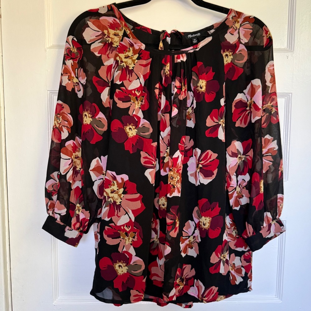 Madewell Floral Pleated Tie Back Blouse Red Black Sheer Balloon Sleeve K0211 XS